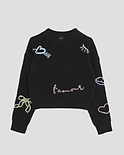 Girls Black Knitted Graffiti Jumper