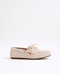 Girls Pink Faux Suede Charm Boat Shoes