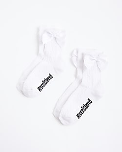 Mini Girls White Pack Of 2 Bow Ankle Socks