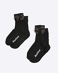 Girls Black Pack Of 2 Bow Back Ankle Socks