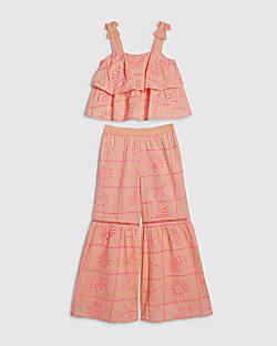 Girls Coral Tiered Broderie Top Set