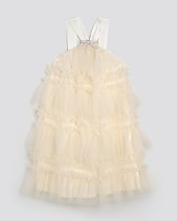 Girls Cream Tulle Layered Halter Neck Dress