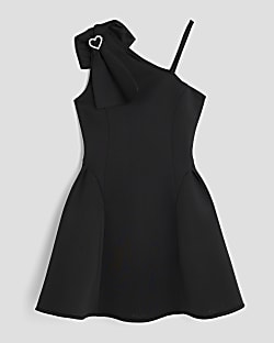 Girls Black One Shoulder Bow Skater Dress