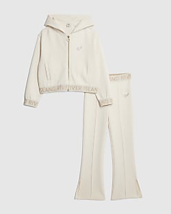 Girls Cream Premium Zipped Hoodie Set