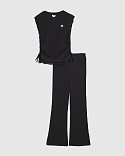 Girls Black Ruched Ribbed Leggings Set