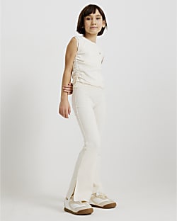 Girls Cream Ruched Ribbed Leggings Set