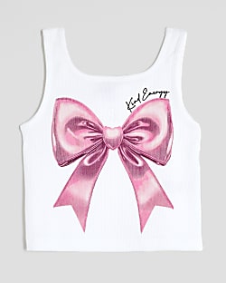 Girls White Pink Bow Tank Top