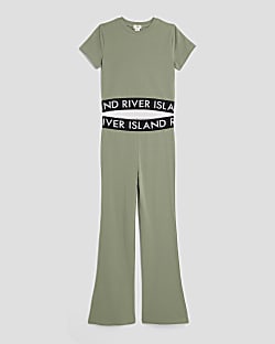 Girls Khaki T-shirt And Flared Leggings Set