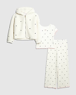 Girls White Heart Hoodie Pyjamas 3 Piece Set