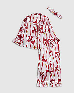 Mini Girls Pink Bow Print Satin Pyjamas Set