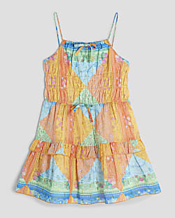 Orange Scarf Print Tiered Mini Dress