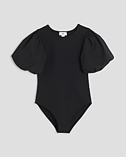 Girls Black Puff Sleeve Bodysuit
