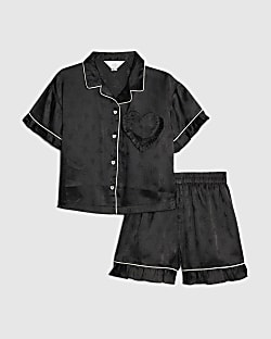Girls Black Satin Heart Pyjamas Set