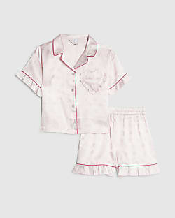 Girls Pink Satin Heart Shorts Pyjamas Set