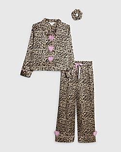 Girls Brown Animal print Heart Pyjamas