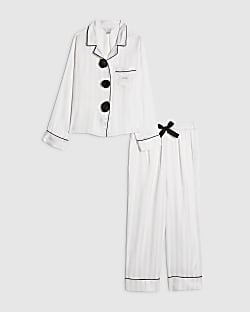 Girls White Corsage Satin Pyjamas Set