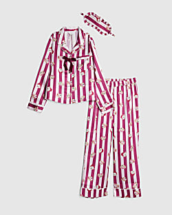 Girls Pink Teddy Stripe Satin Pyjamas Set