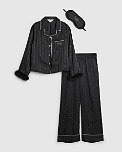 Girls Black Faux Fur Cuff Pyjamas Set