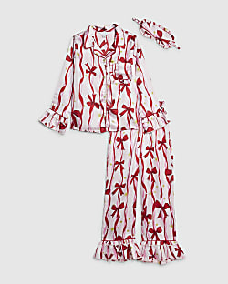 Girls Pink Bow Print Satin Pyjamas Set