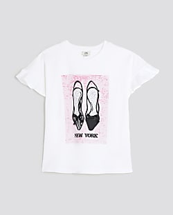 Girls White Pink Shoe Frill T-Shirt