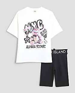 Girls White Bear T-Shirt Cycling Short Set