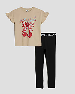 Girls Beige Glitter Cherry T-Shirt Set