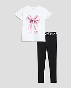 Girls White Glitter Bow T-Shirt Set