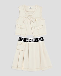 Girls Cream Gilet And Skirt Set