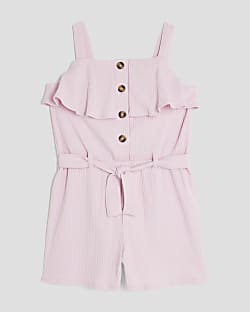 Girls Pink Ribbed Belted Playsuit