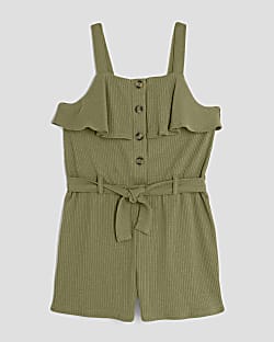 Girls Khaki Ribbed Belted Playsuit