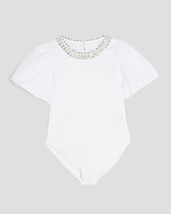 Girls White Embellished Collar Bodysuit