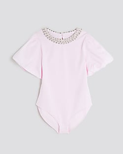 Girls Pink Embellished Collar Bodysuit