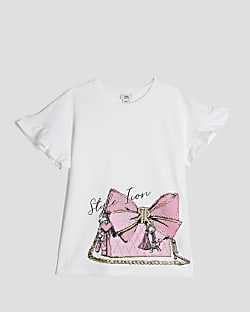 Girls White Bag Print T-Shirt