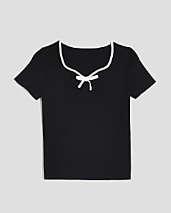 Girls Black Knit Sweetheart Bow Top