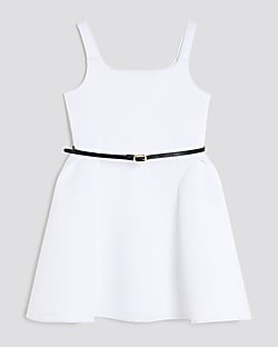 Girls White Belted Scuba Dress