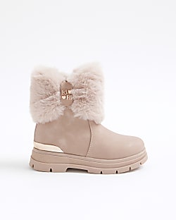 Mini Girls Pink Heart Bow Fur Boots