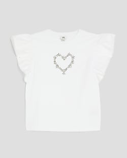 Girls White Heart Frill Sleeve T-Shirt