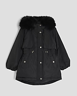 Girls Black Faux Fur Hood Coat