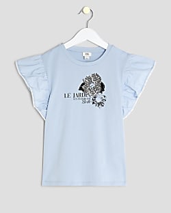 Girls Blue Frill Sleeve Embellished T-Shirt