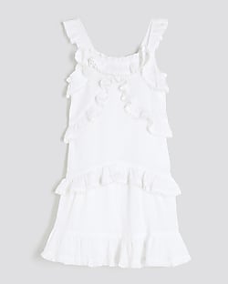 Girls White Tiered Lace Trim Frill Dress