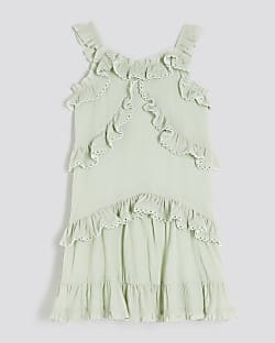 Girls Green Tiered Lace Trim Frill Dress
