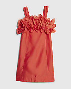 Girls Orange 3D Flower Mini Shift Dress