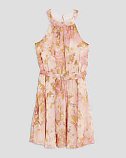 Girls Pink Halter Neck Floral Dress