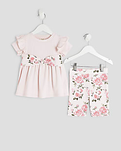 Mini Girls Pink Floral Bow Ribbed Top Set