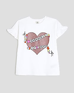 Girls White Glitter Heart Frill T-Shirt