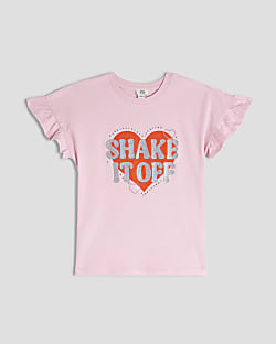 Girls Pink Glitter Heart Frill T-Shirt