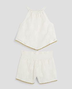 Girls Cream Hanky Hem Shorts Set