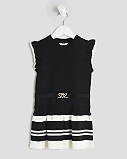 Mini Girls Black Belted Ruffle Hem Dress