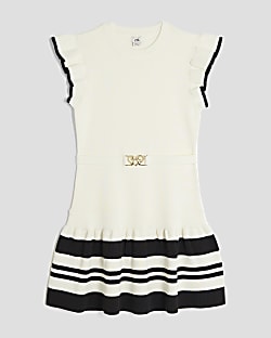 Girls Cream Belted Flared Hem Dress