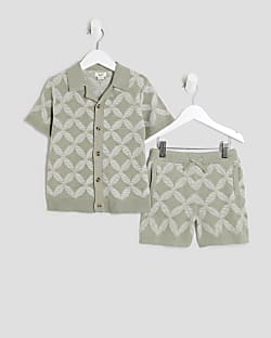Mini Boys Khaki Geometric Polo Shorts Set